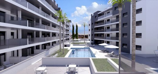 Komfortable Wohnungen mit 2 Schlafzimmern, 2 Bädern, Tiefgaragenstellplatz und Gemeinschaftspool Nähe Roda Golf & Beach Resort Los Alcázares 30710 - immoregio.de Makler