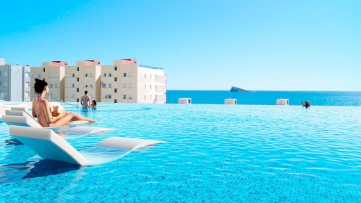 Wohnungen mit 2 Schlafzimmern, 2 Bädern, Klimaanlage, Fußbodenheizung in Bädern, Kfz-Stellplatz und Meerblick nur 100 m vom Strand Benidorm 03502 - immoregio.de Makler